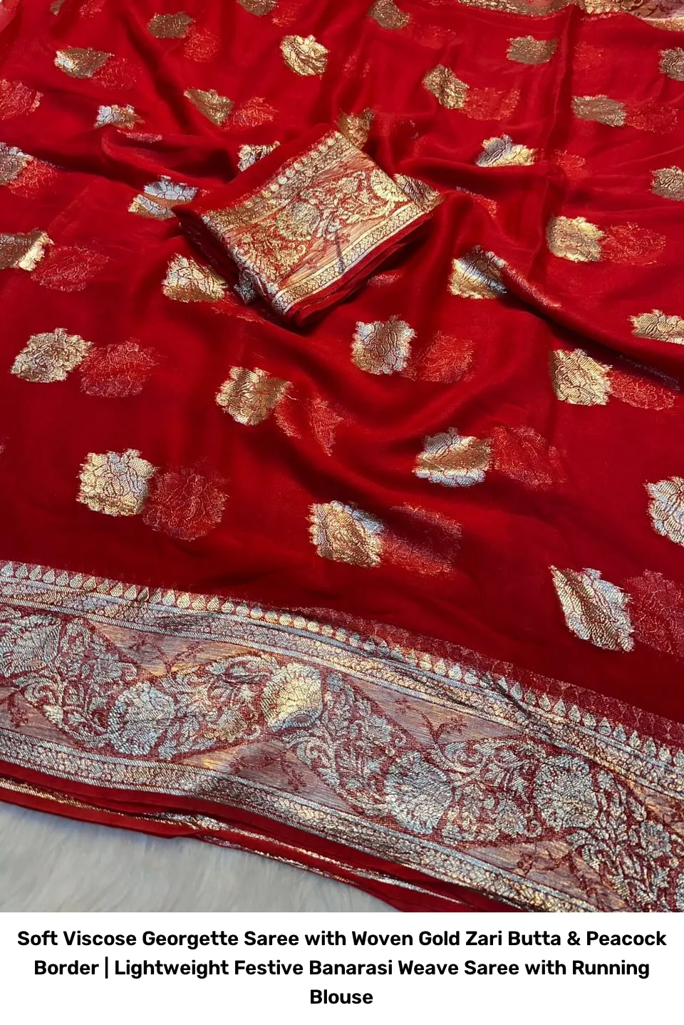 Soft Viscose Georgette Saree with Woven Gold Zari Butta & Peacock Border | Lightweight Festive Banarasi Weave Saree with Running Blouse 2