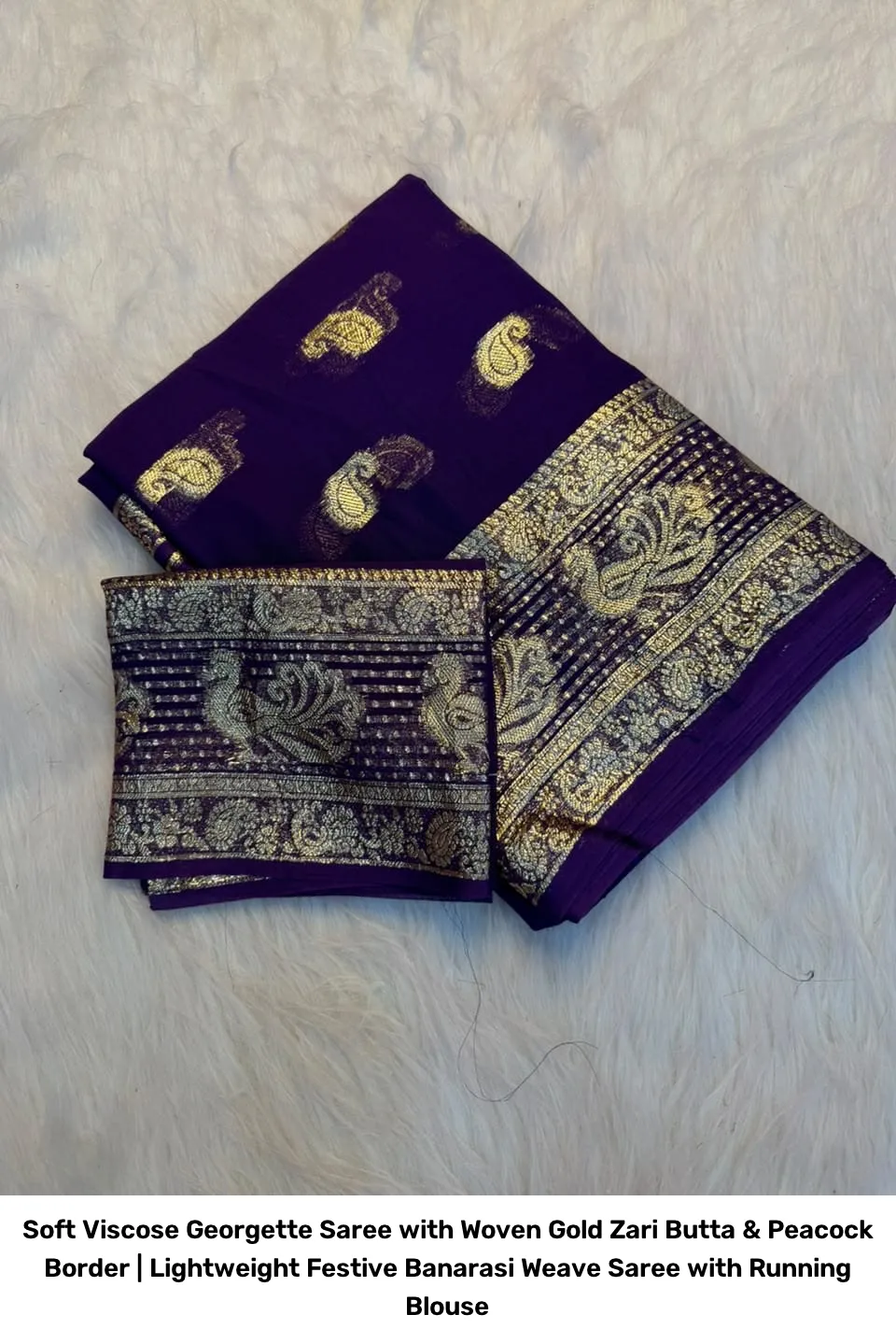 Soft Viscose Georgette Saree with Woven Gold Zari Butta & Peacock Border | Lightweight Festive Banarasi Weave Saree with Running Blouse 20