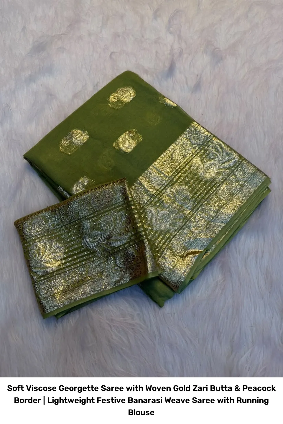 Soft Viscose Georgette Saree with Woven Gold Zari Butta & Peacock Border | Lightweight Festive Banarasi Weave Saree with Running Blouse 21
