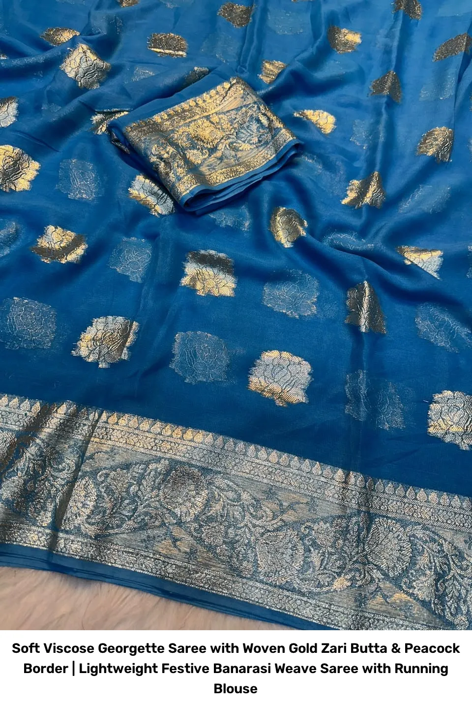 Soft Viscose Georgette Saree with Woven Gold Zari Butta & Peacock Border | Lightweight Festive Banarasi Weave Saree with Running Blouse 22
