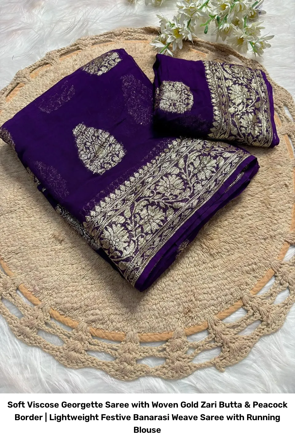 Soft Viscose Georgette Saree with Woven Gold Zari Butta & Peacock Border | Lightweight Festive Banarasi Weave Saree with Running Blouse 23