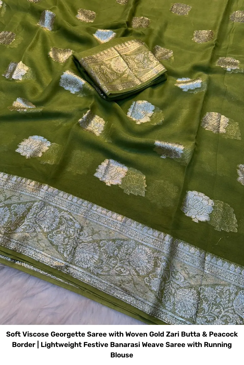Soft Viscose Georgette Saree with Woven Gold Zari Butta & Peacock Border | Lightweight Festive Banarasi Weave Saree with Running Blouse 24