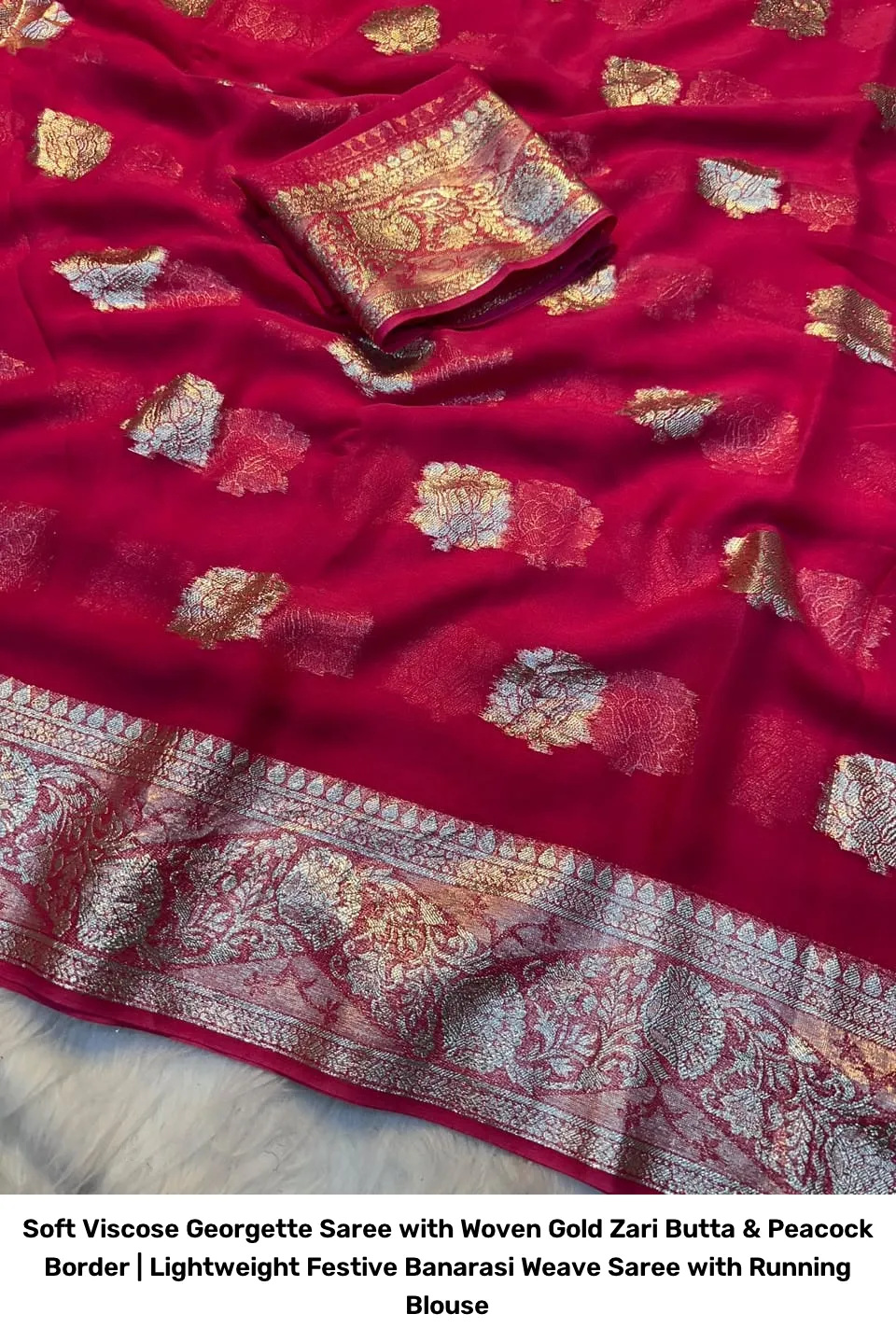 Soft Viscose Georgette Saree with Woven Gold Zari Butta & Peacock Border | Lightweight Festive Banarasi Weave Saree with Running Blouse 26