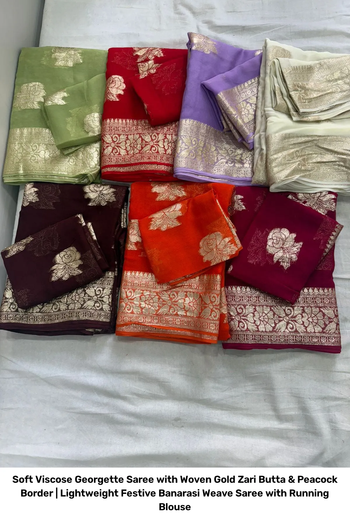 Soft Viscose Georgette Saree with Woven Gold Zari Butta & Peacock Border | Lightweight Festive Banarasi Weave Saree with Running Blouse 27