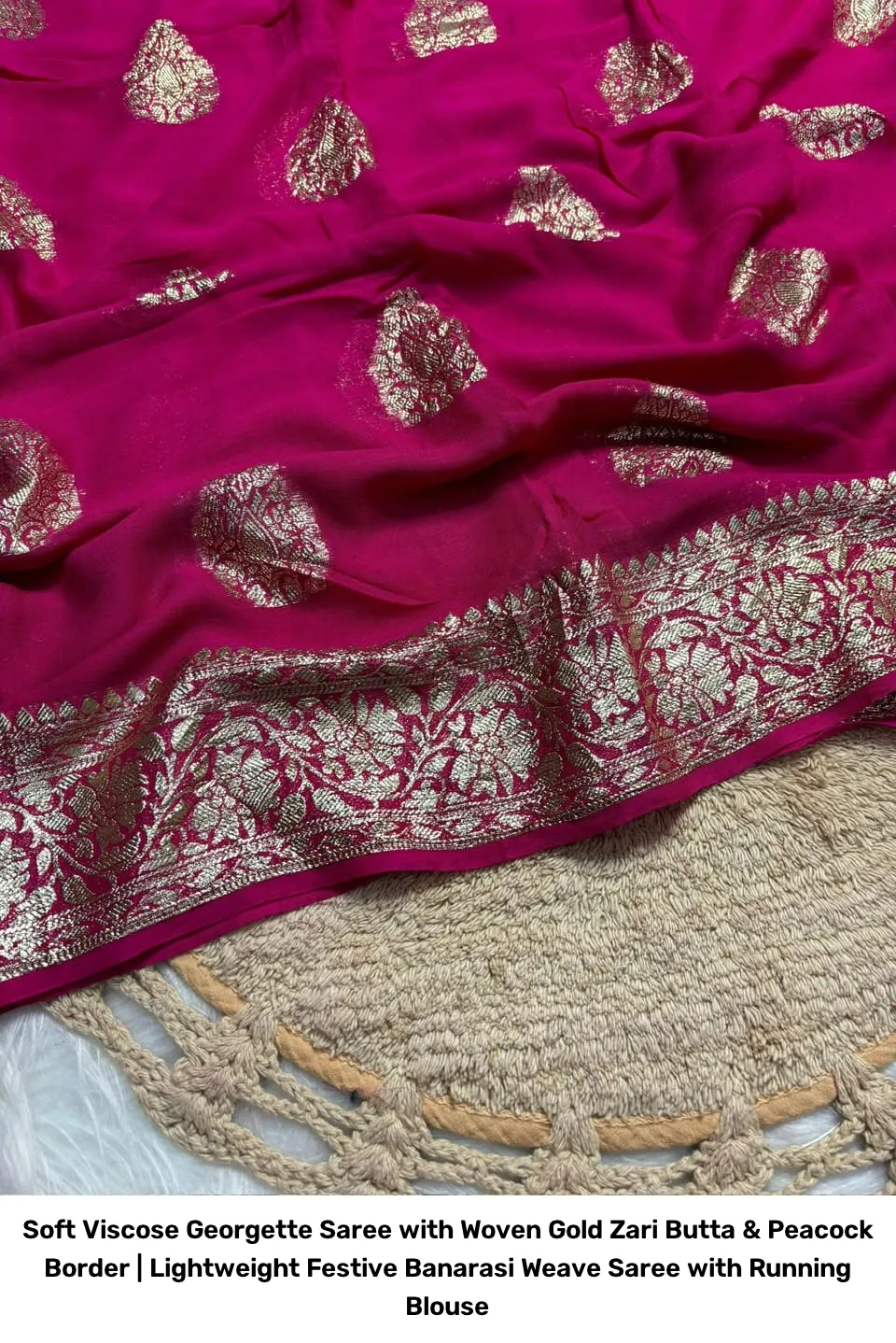 Soft Viscose Georgette Saree with Woven Gold Zari Butta & Peacock Border | Lightweight Festive Banarasi Weave Saree with Running Blouse 28