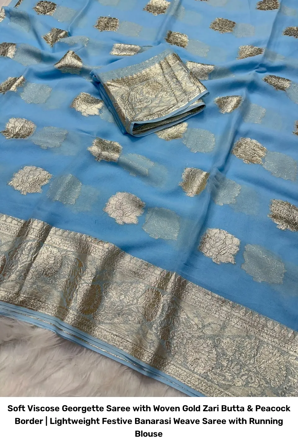 Soft Viscose Georgette Saree with Woven Gold Zari Butta & Peacock Border | Lightweight Festive Banarasi Weave Saree with Running Blouse 3