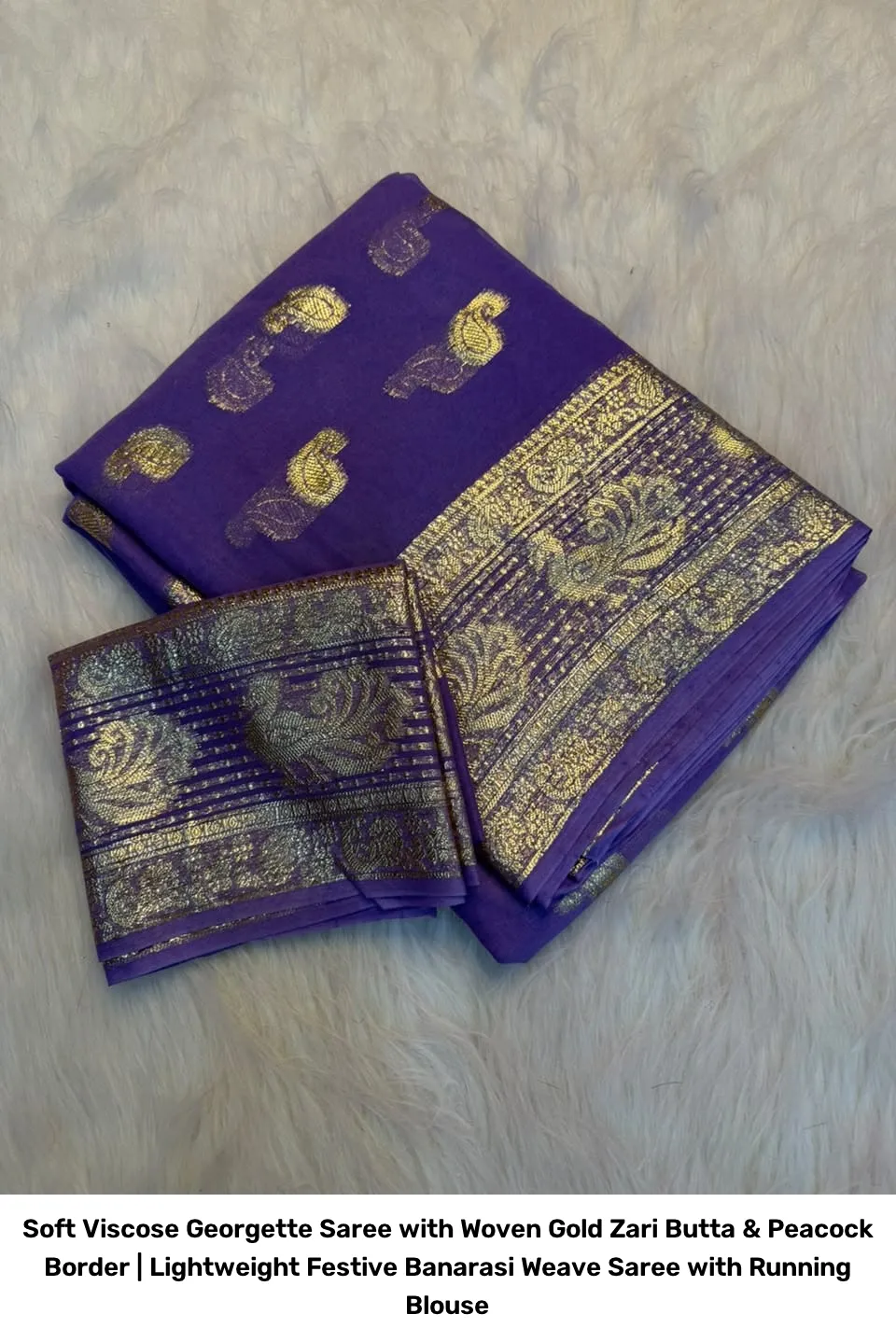 Soft Viscose Georgette Saree with Woven Gold Zari Butta & Peacock Border | Lightweight Festive Banarasi Weave Saree with Running Blouse 4