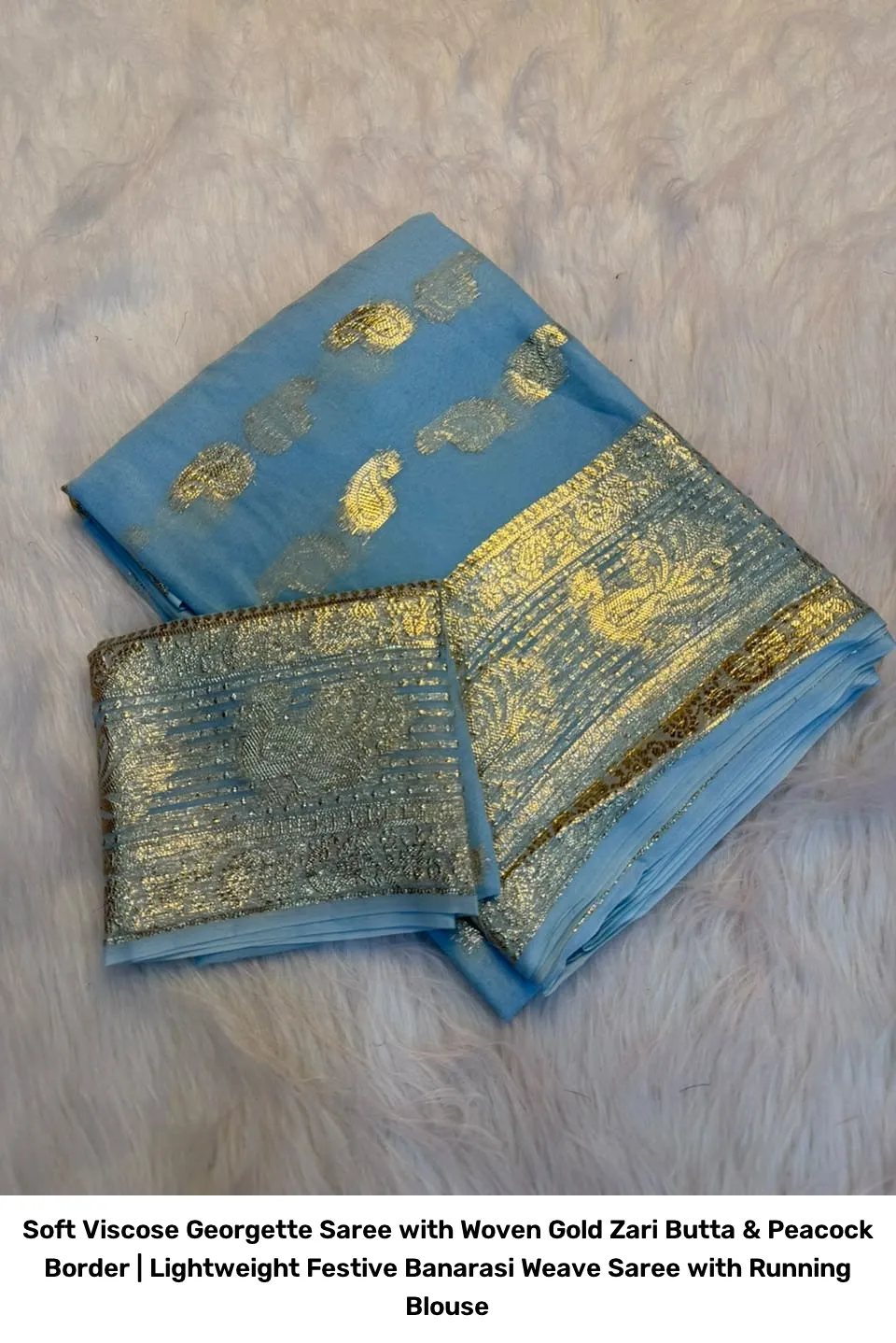 Soft Viscose Georgette Saree with Woven Gold Zari Butta & Peacock Border | Lightweight Festive Banarasi Weave Saree with Running Blouse 5