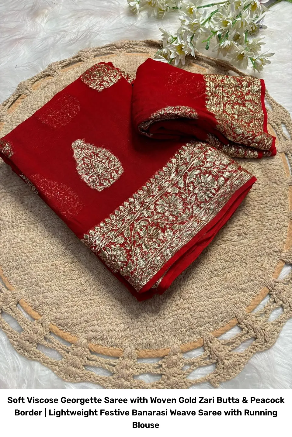 Soft Viscose Georgette Saree with Woven Gold Zari Butta & Peacock Border | Lightweight Festive Banarasi Weave Saree with Running Blouse 6