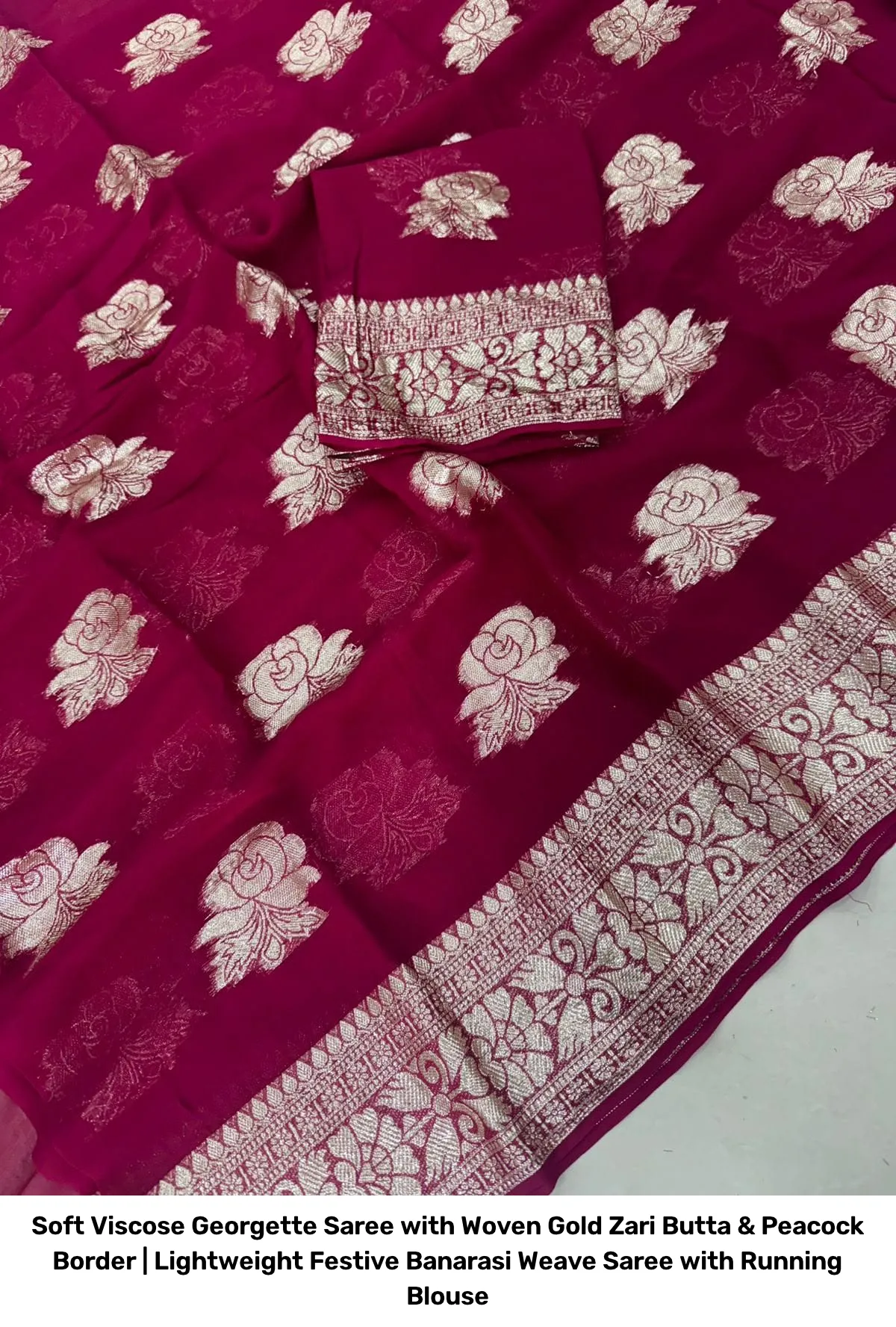 Soft Viscose Georgette Saree with Woven Gold Zari Butta & Peacock Border | Lightweight Festive Banarasi Weave Saree with Running Blouse 7