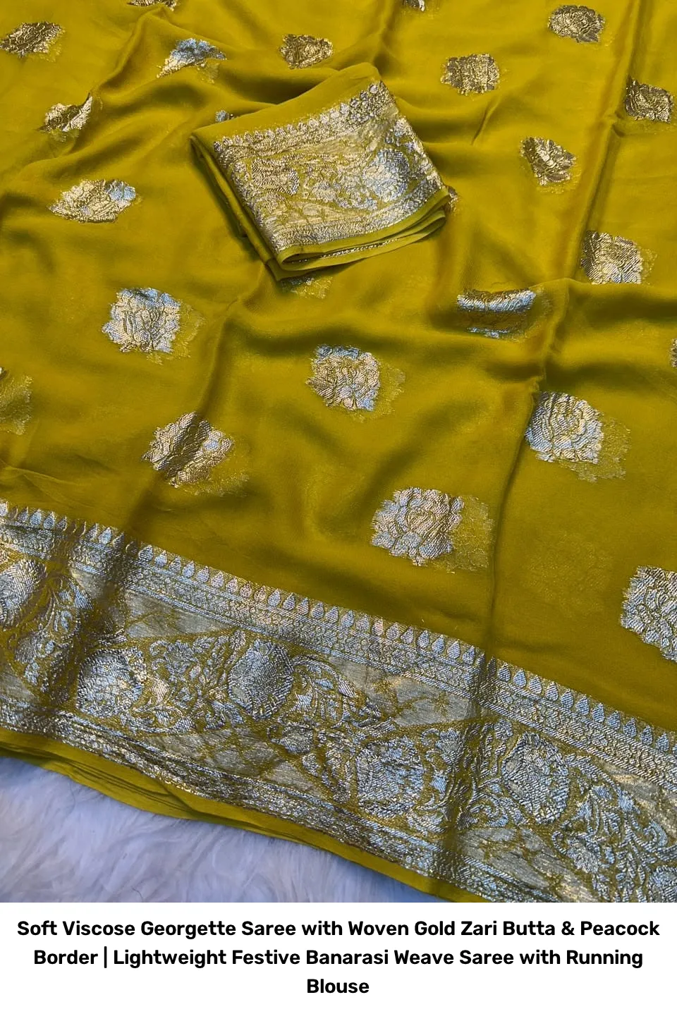 Soft Viscose Georgette Saree with Woven Gold Zari Butta & Peacock Border | Lightweight Festive Banarasi Weave Saree with Running Blouse 8