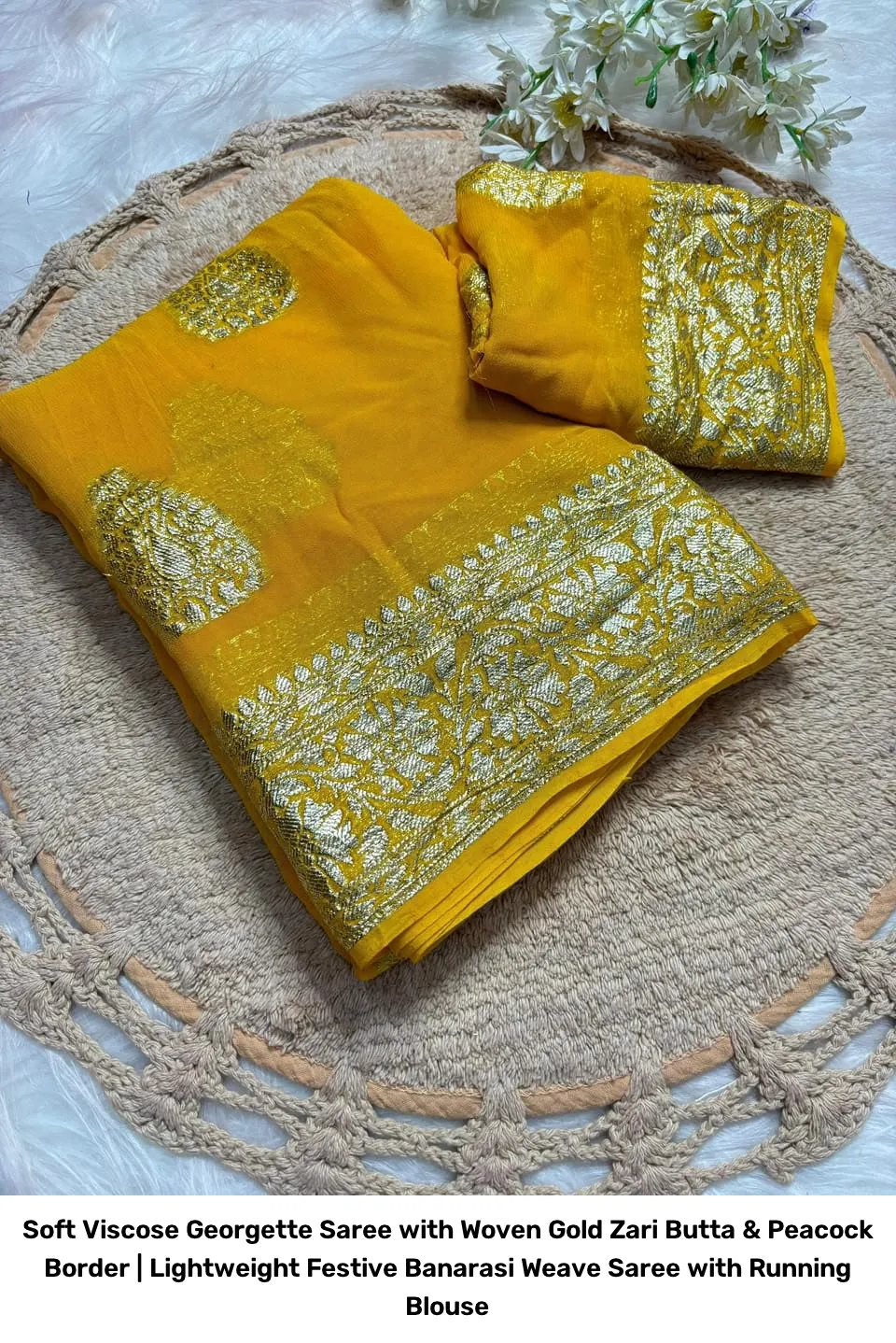 Soft Viscose Georgette Saree with Woven Gold Zari Butta & Peacock Border | Lightweight Festive Banarasi Weave Saree with Running Blouse 9