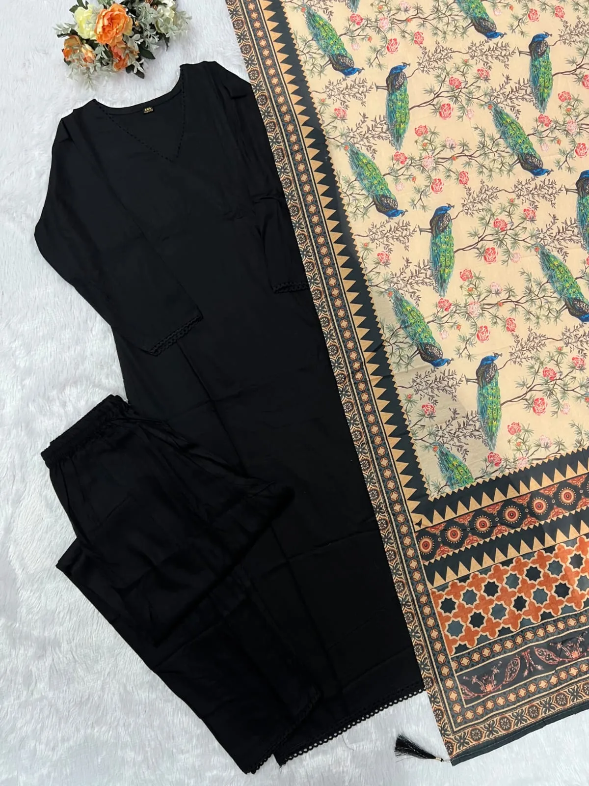 Solid Liva Rayon Kurti Pant Set with Printed Mul Cotton Dupatta (Set of 3)
