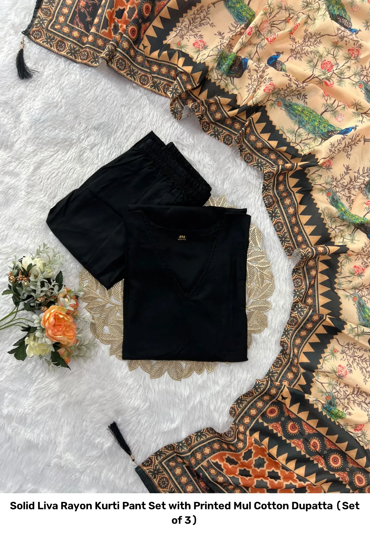 Solid Liva Rayon Kurti Pant Set with Printed Mul Cotton Dupatta (Set of 3) 10