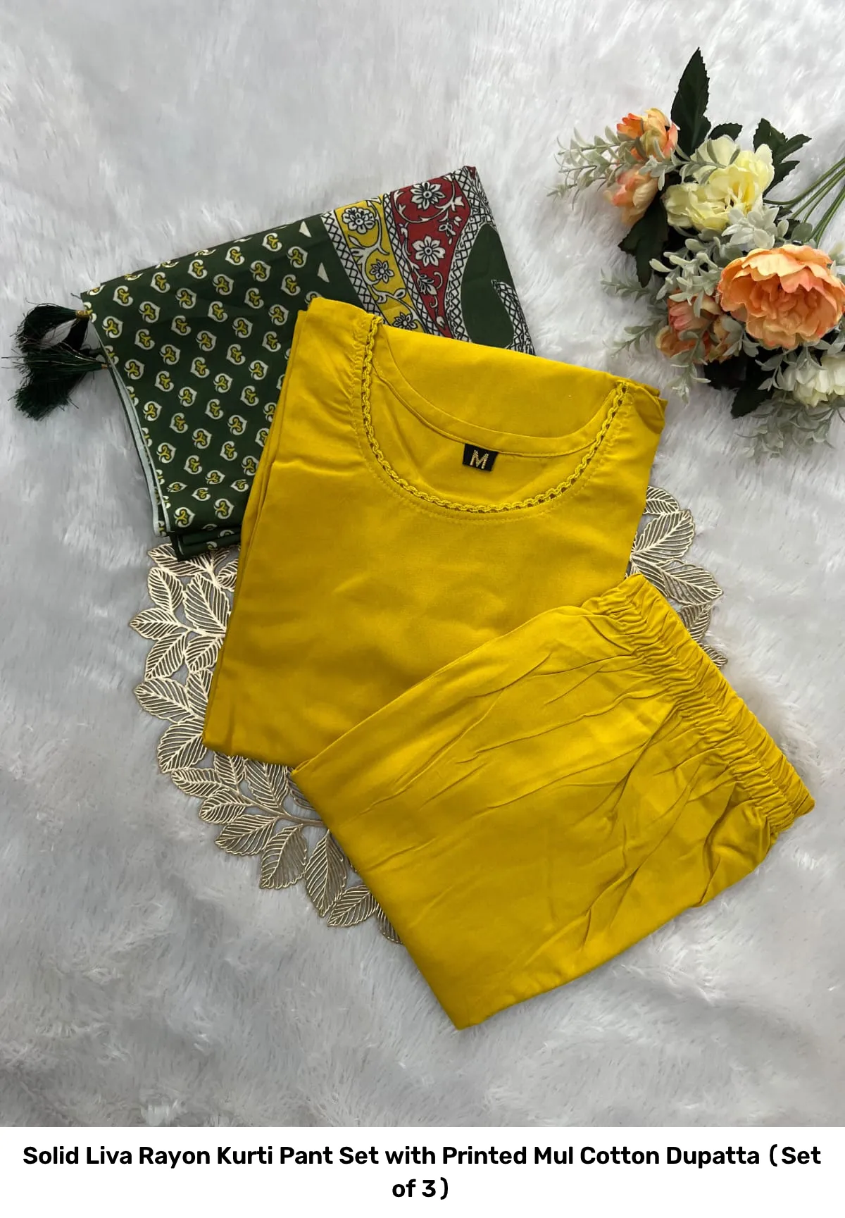 Solid Liva Rayon Kurti Pant Set with Printed Mul Cotton Dupatta (Set of 3) 12