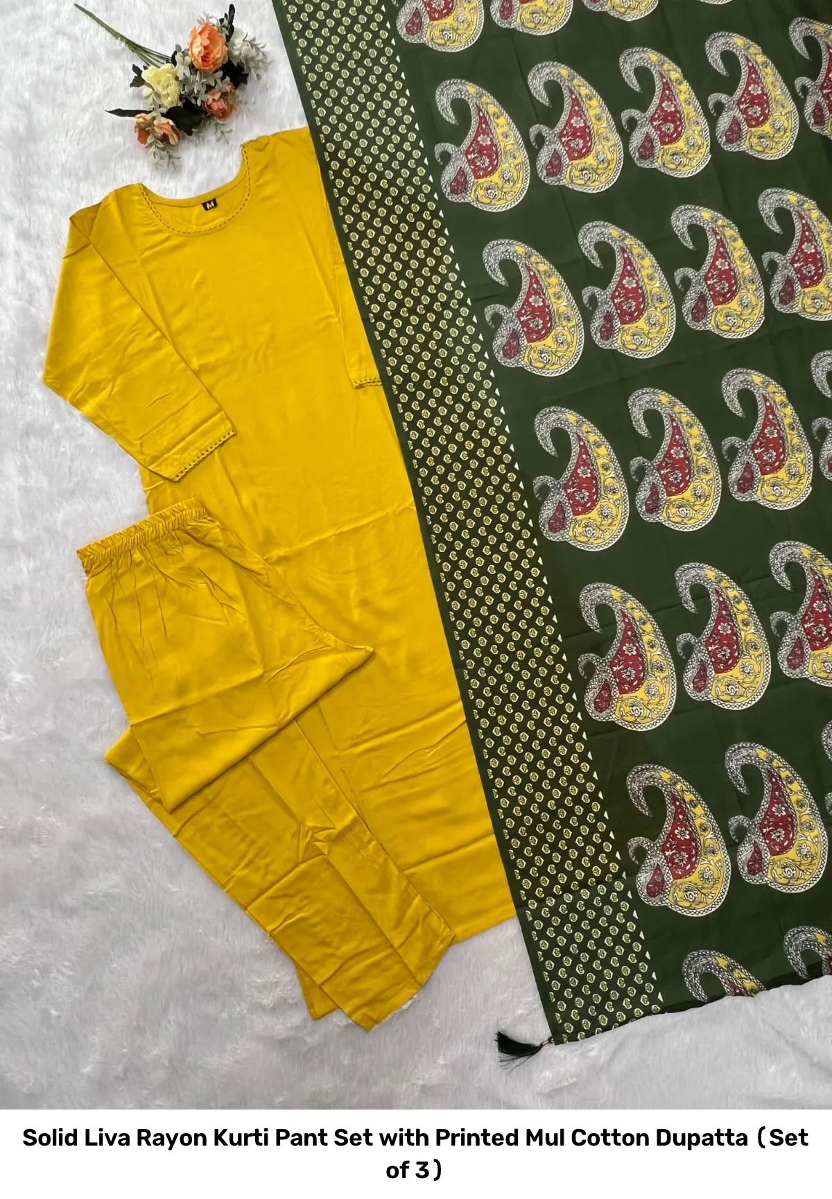 Solid Liva Rayon Kurti Pant Set with Printed Mul Cotton Dupatta (Set of 3) 13