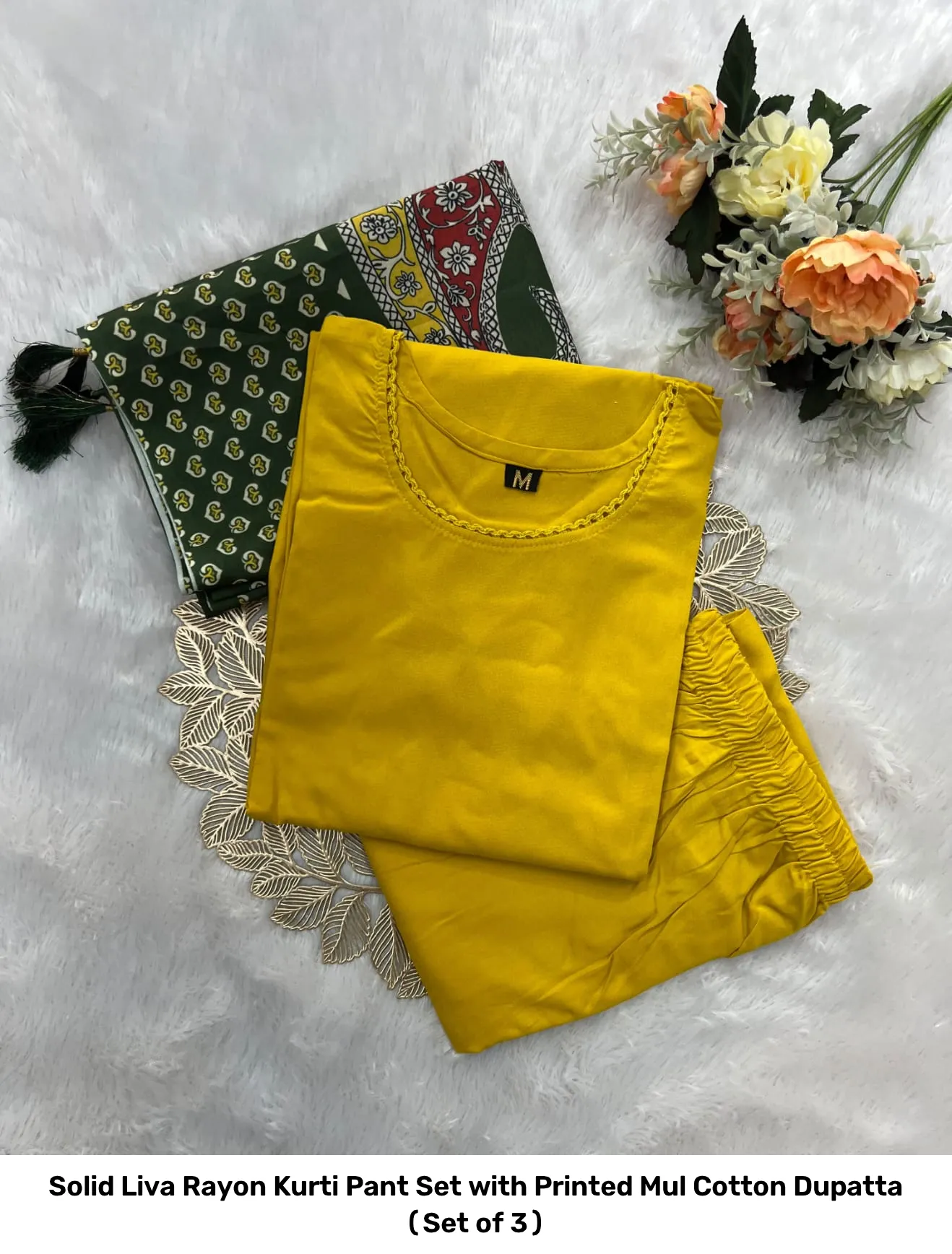 Solid Liva Rayon Kurti Pant Set with Printed Mul Cotton Dupatta (Set of 3) 2