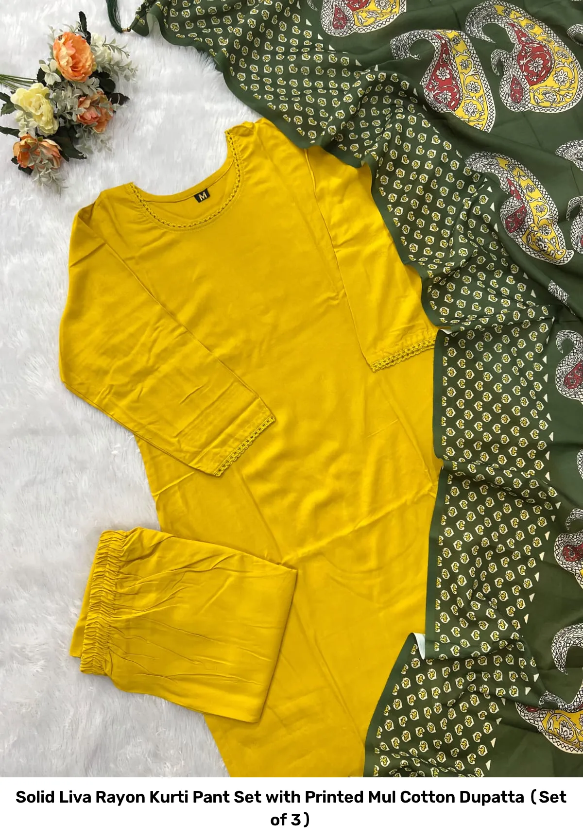 Solid Liva Rayon Kurti Pant Set with Printed Mul Cotton Dupatta (Set of 3) 4