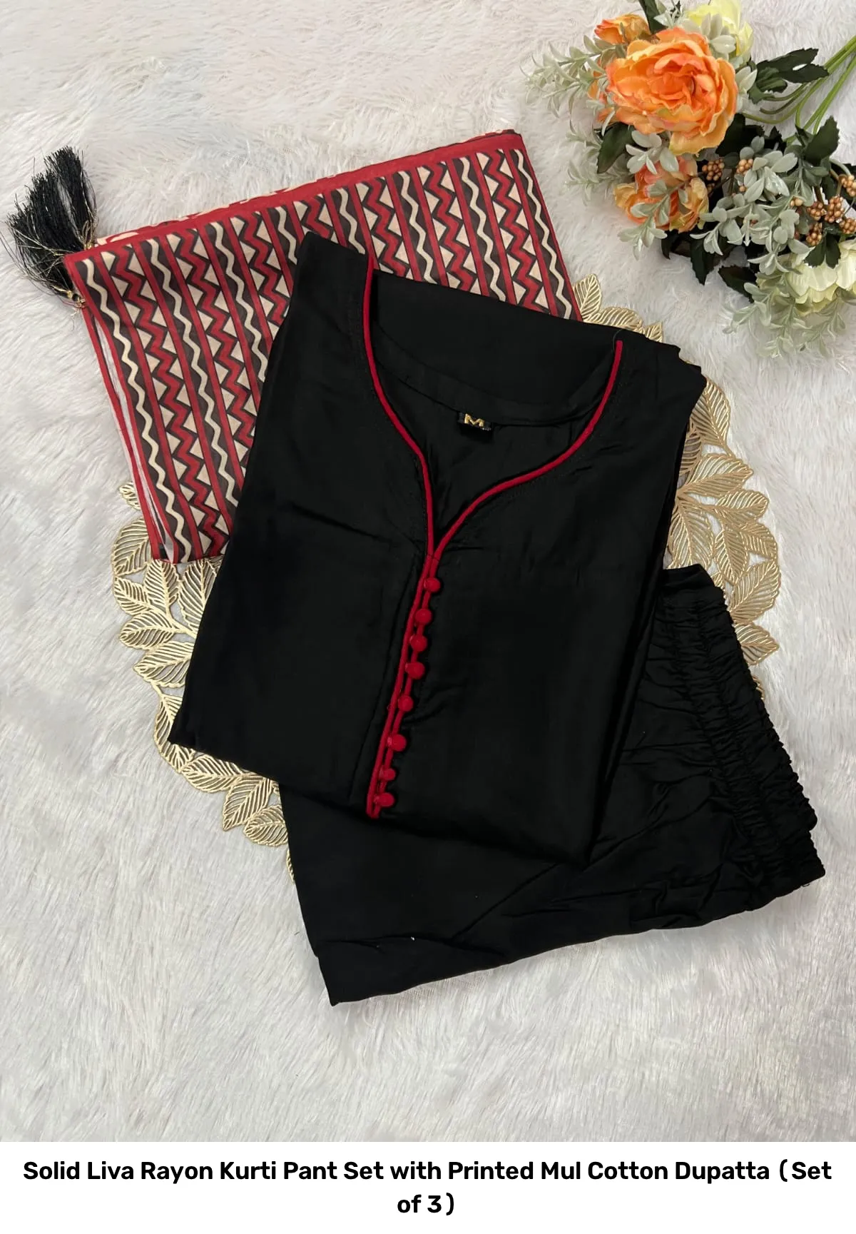 Solid Liva Rayon Kurti Pant Set with Printed Mul Cotton Dupatta (Set of 3) 5