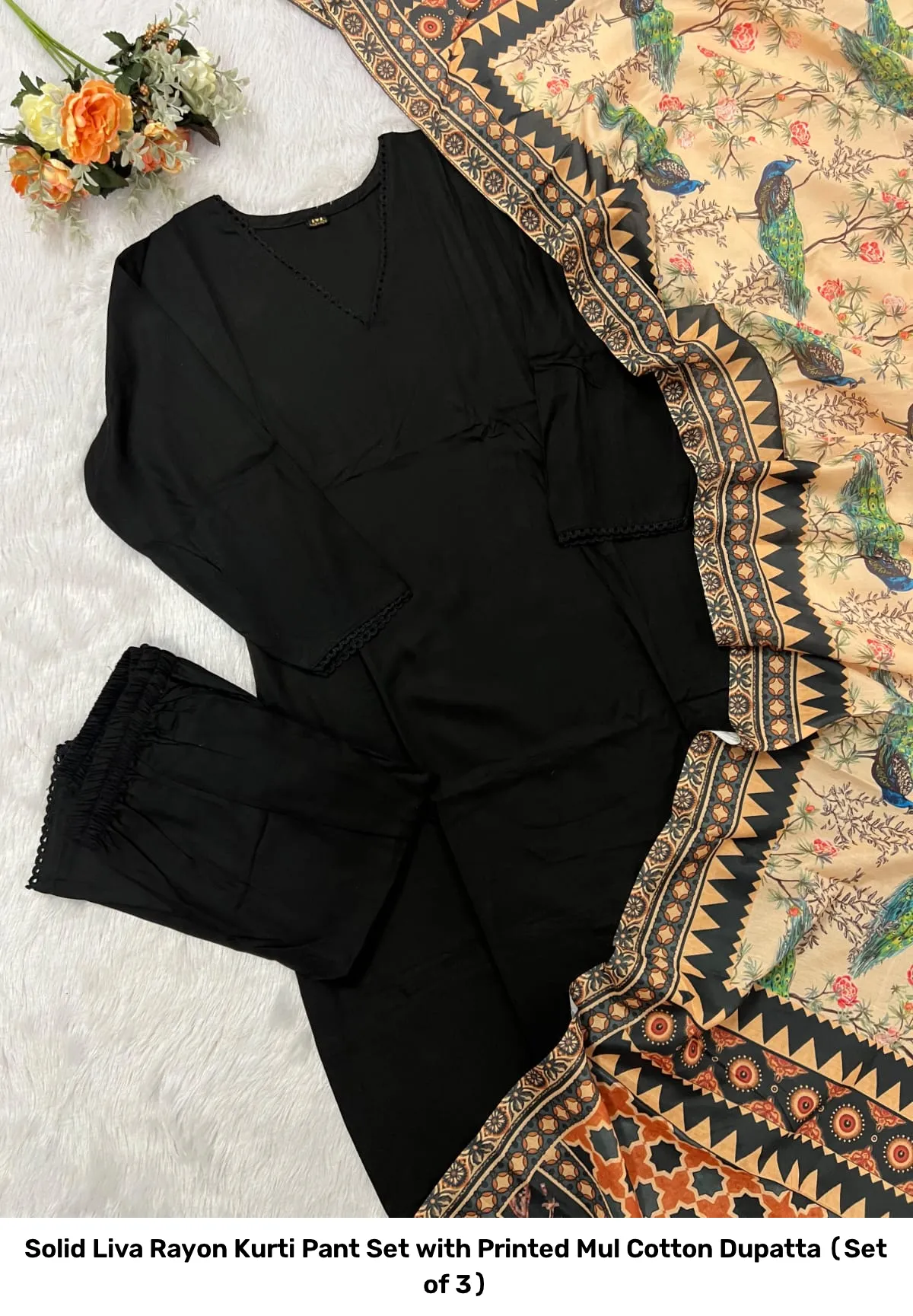 Solid Liva Rayon Kurti Pant Set with Printed Mul Cotton Dupatta (Set of 3) 6