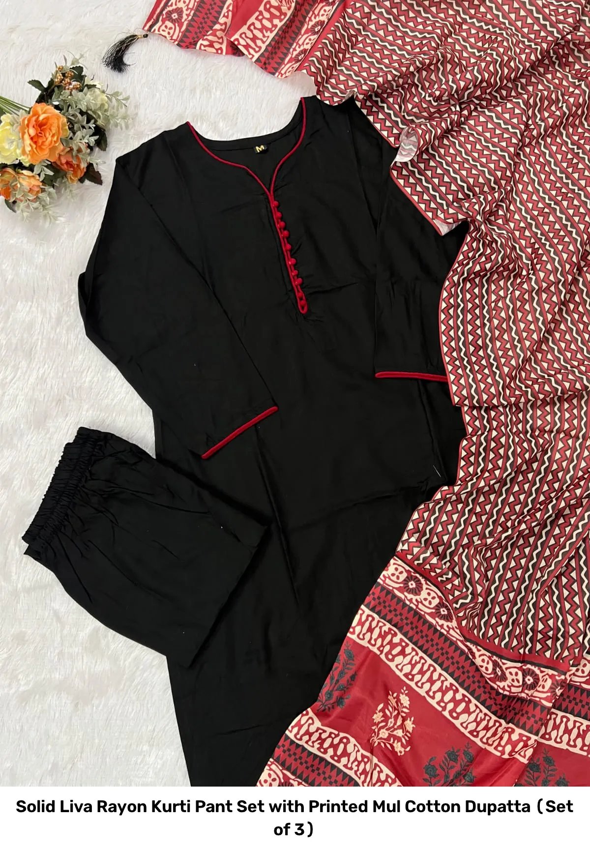 Solid Liva Rayon Kurti Pant Set with Printed Mul Cotton Dupatta (Set of 3) 7