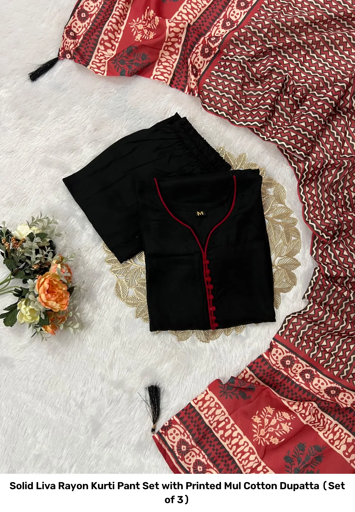 Solid Liva Rayon Kurti Pant Set with Printed Mul Cotton Dupatta (Set of 3) 8