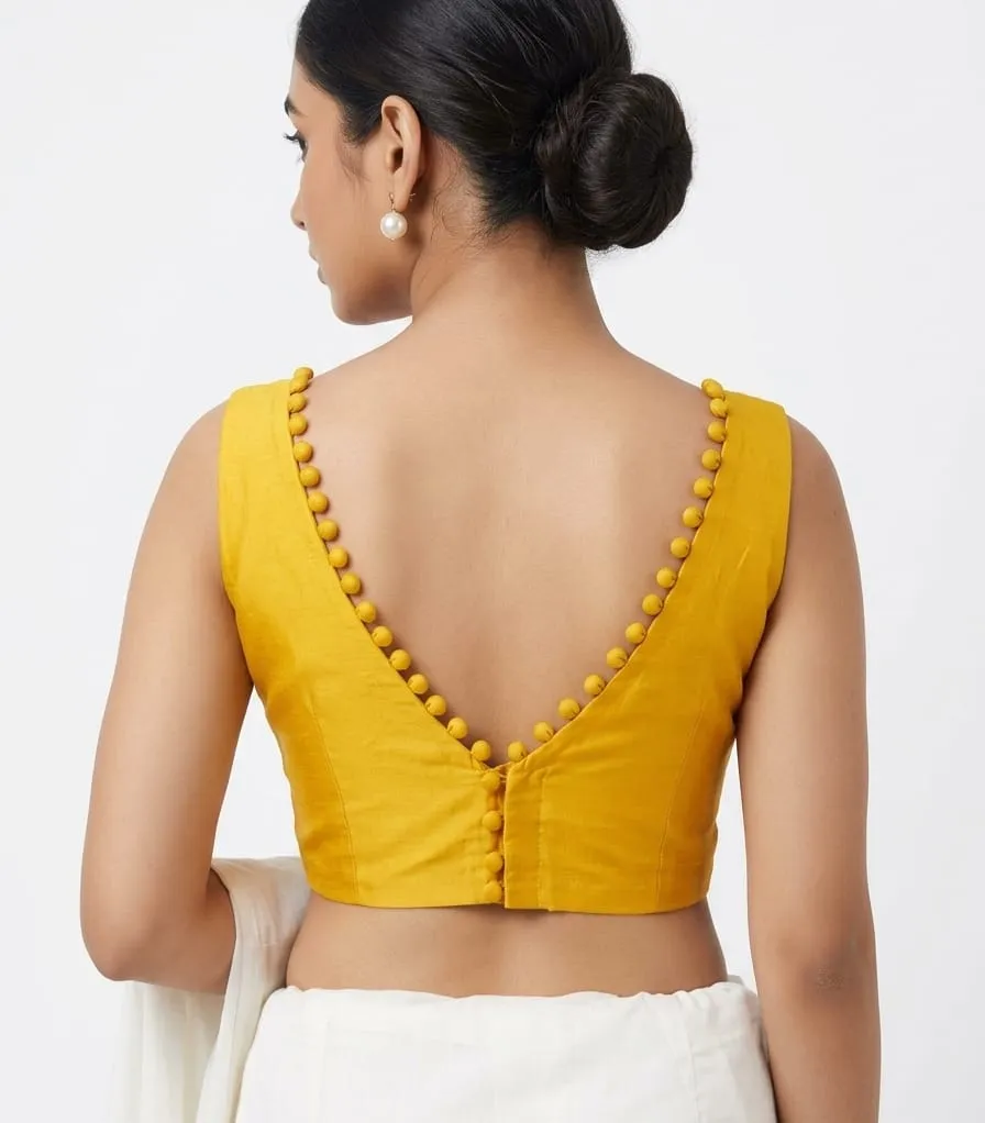 Solid Raw Silk Sleeveless Blouse | Deep V-Neck Back Potli Button Blouse for Saree & Lehenga