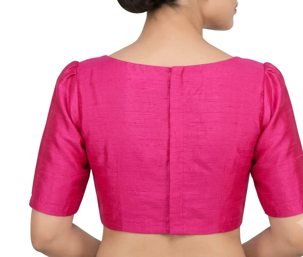 Solid Raw Silk Stitched Blouse – Classic Scoop Neck, Back Hook Closure & Elbow Sleeves