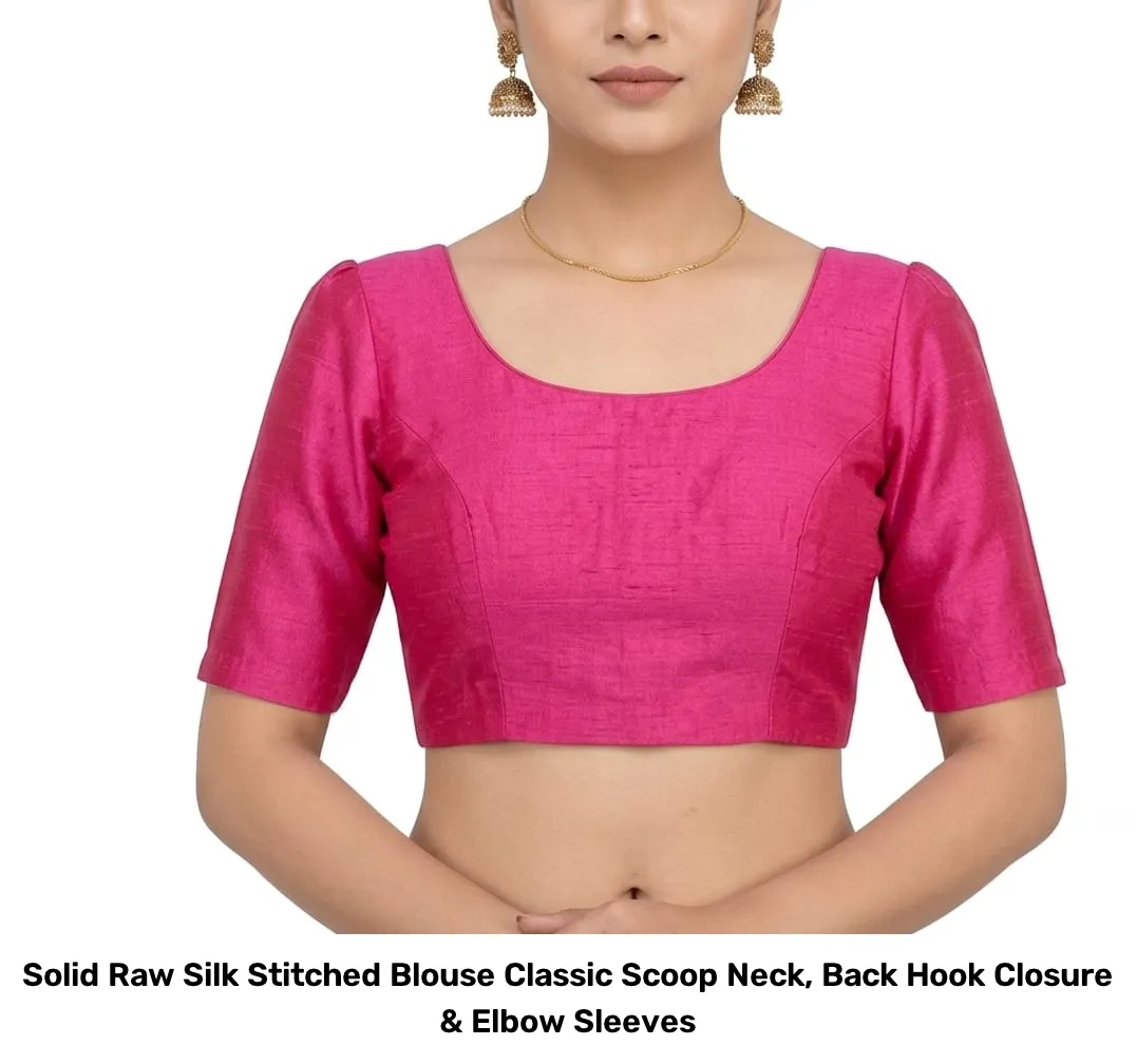 Solid Raw Silk Stitched Blouse – Classic Scoop Neck, Back Hook Closure & Elbow Sleeves 6