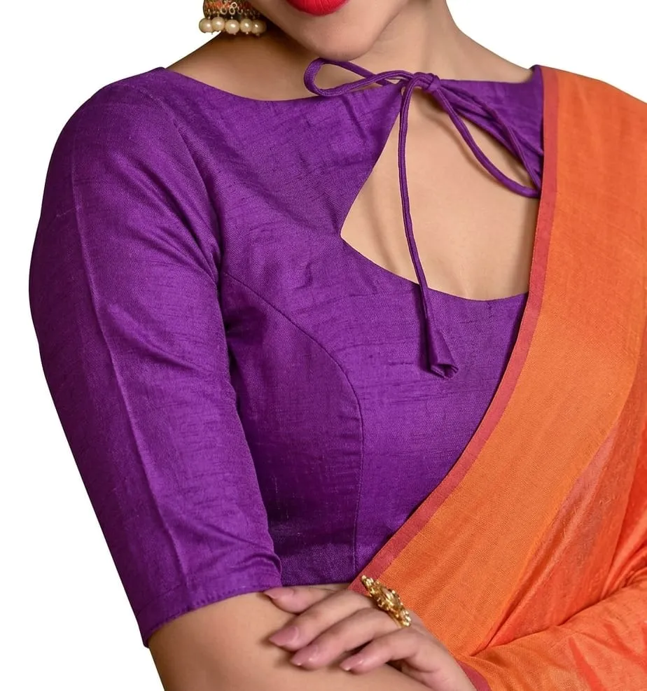 Solid Raw Silk Stitched Saree Blouse – Front Dori Tie-Up Neck, Back Zipper & Elbow Sleeves