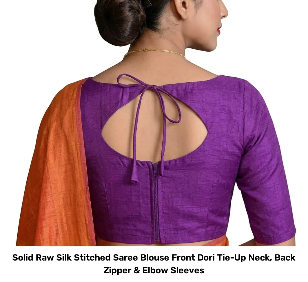 Solid Raw Silk Stitched Saree Blouse – Front Dori Tie-Up Neck, Back Zipper & Elbow Sleeves 4
