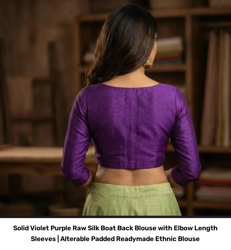Solid Violet Purple Raw Silk Boat Back Blouse with Elbow Length Sleeves | Alterable Padded Readymade Ethnic Blouse 2