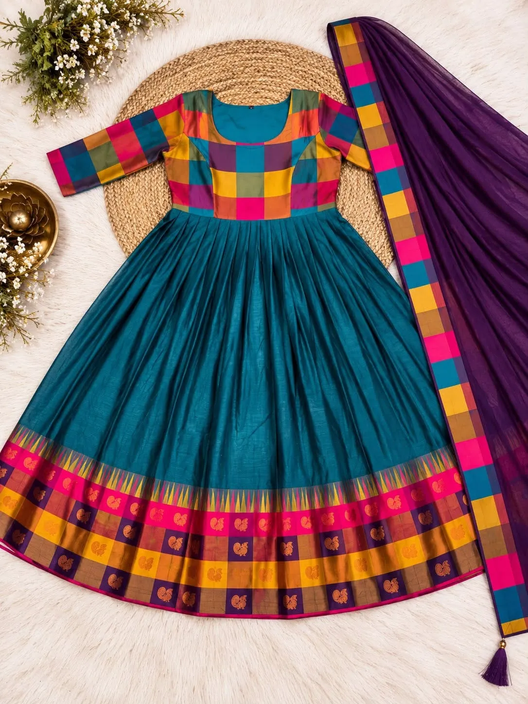 South Indian Style Flared Cotton Silk Festive Long Frock with Multicolor Checks Border & Dupatta