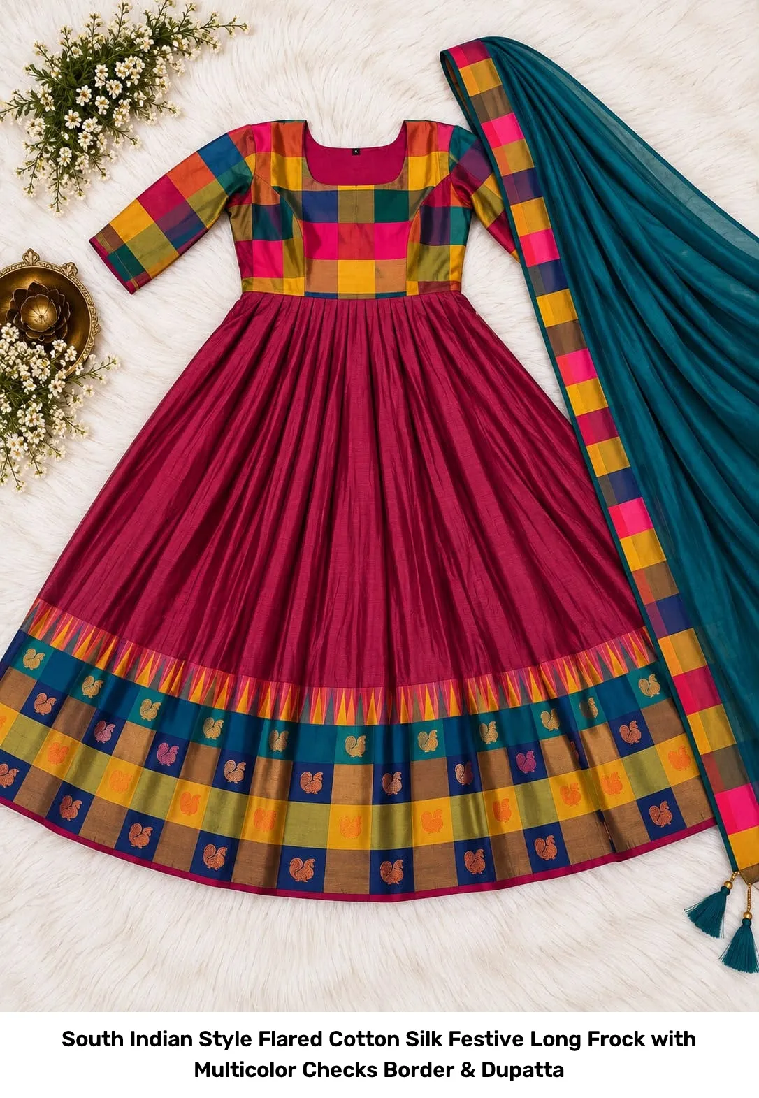 South Indian Style Flared Cotton Silk Festive Long Frock with Multicolor Checks Border & Dupatta 2