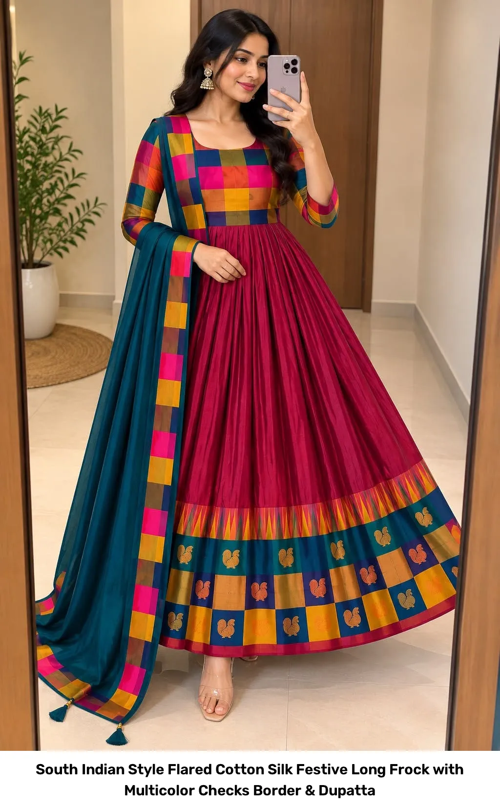 South Indian Style Flared Cotton Silk Festive Long Frock with Multicolor Checks Border & Dupatta 3
