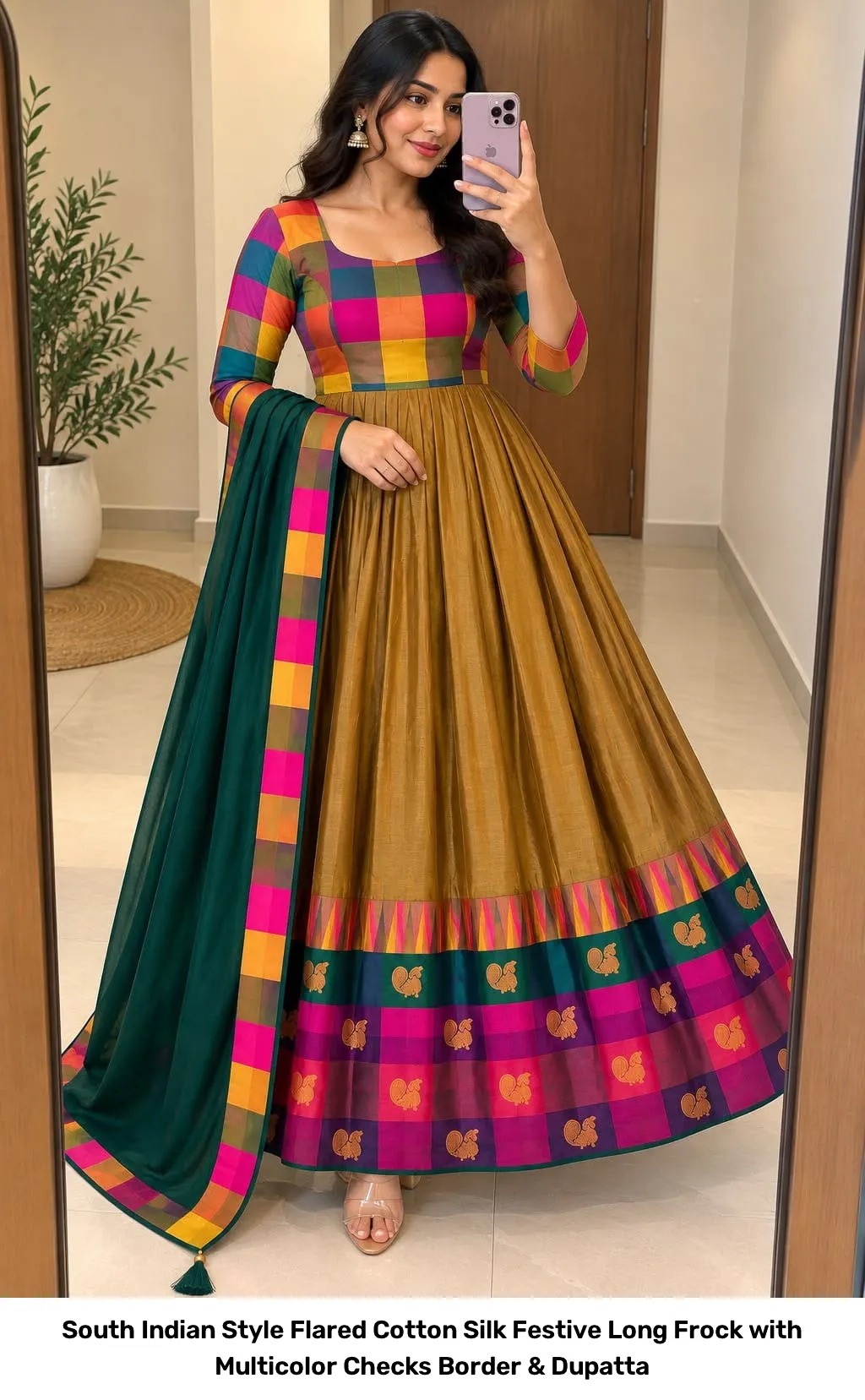 South Indian Style Flared Cotton Silk Festive Long Frock with Multicolor Checks Border & Dupatta 4