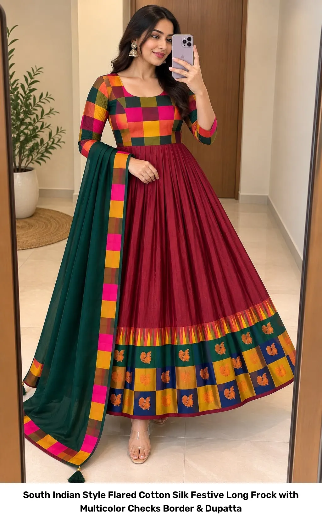 South Indian Style Flared Cotton Silk Festive Long Frock with Multicolor Checks Border & Dupatta 5