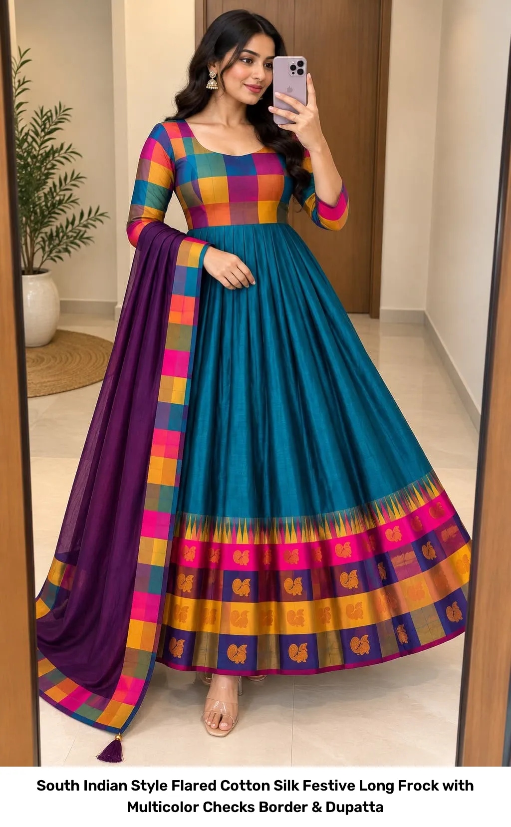 South Indian Style Flared Cotton Silk Festive Long Frock with Multicolor Checks Border & Dupatta 6