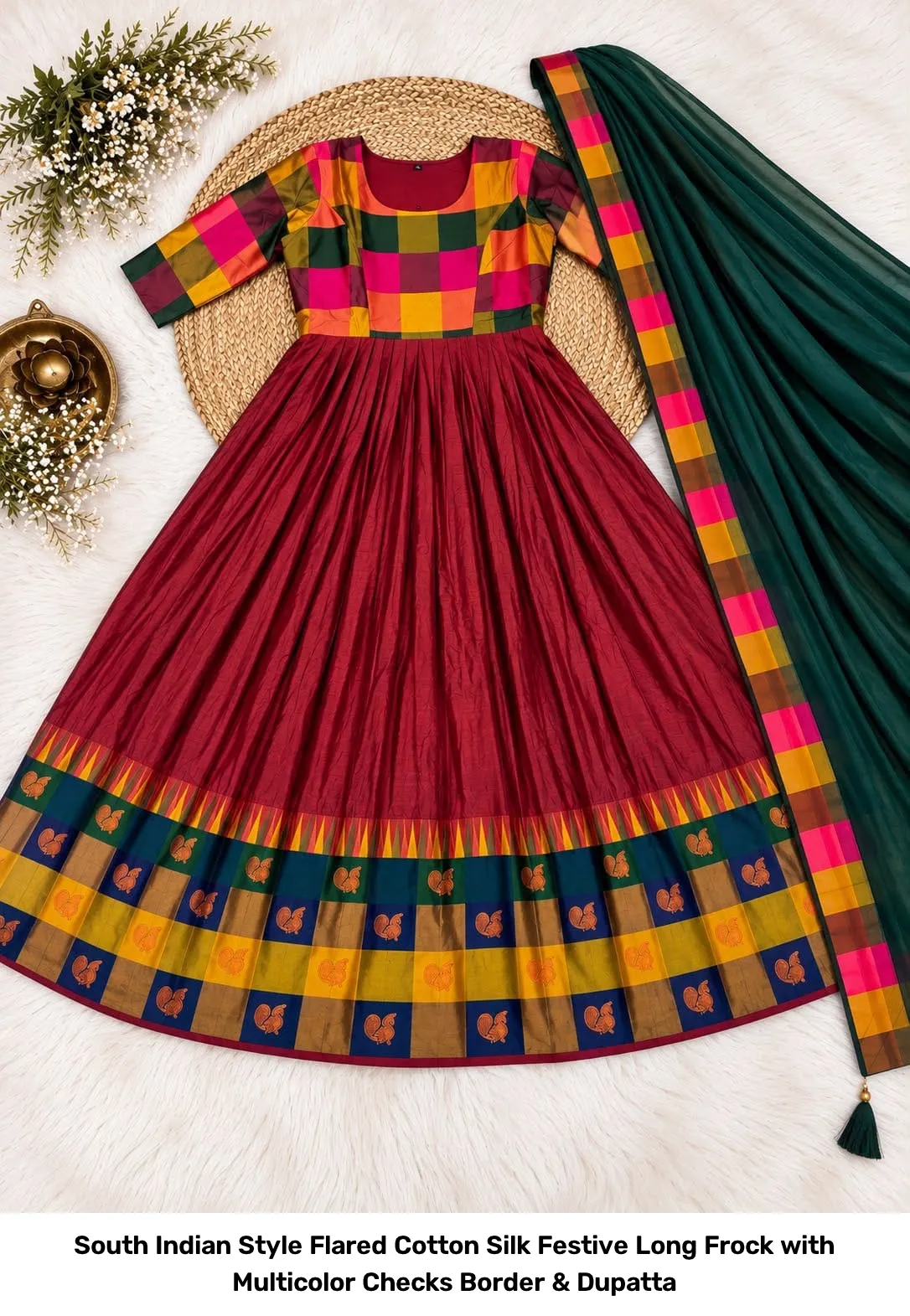 South Indian Style Flared Cotton Silk Festive Long Frock with Multicolor Checks Border & Dupatta 7