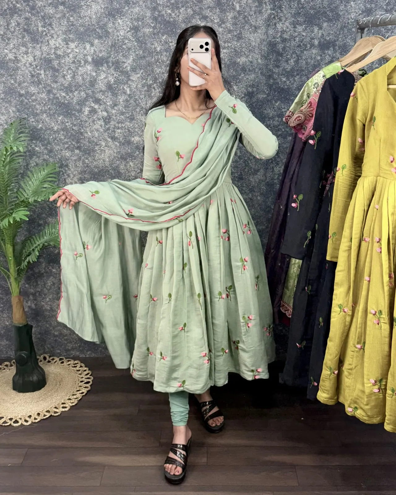 South Mul Chanderi Embroidered Anarkali Kurti with Dupatta | Festive Flared Gown Set (Length 48")