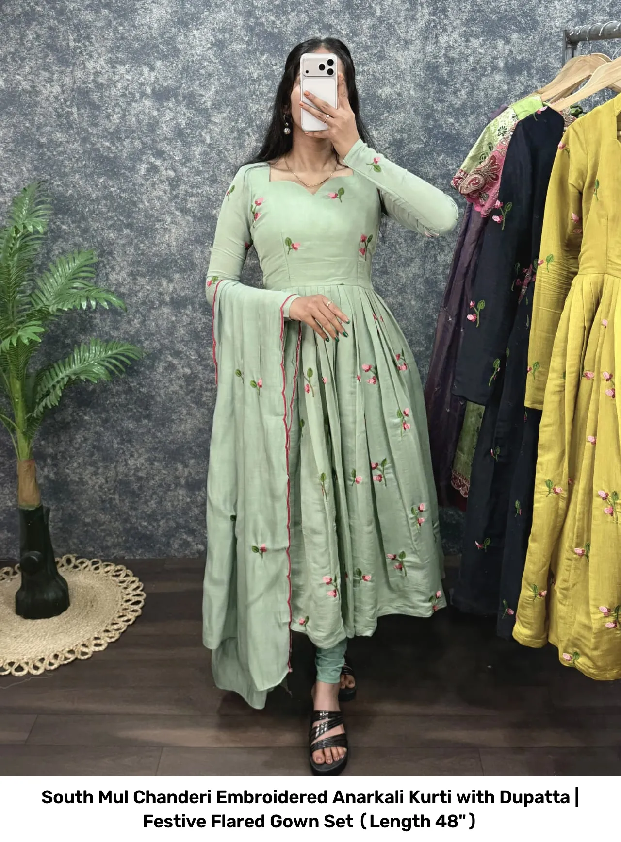 South Mul Chanderi Embroidered Anarkali Kurti with Dupatta | Festive Flared Gown Set (Length 48") 11