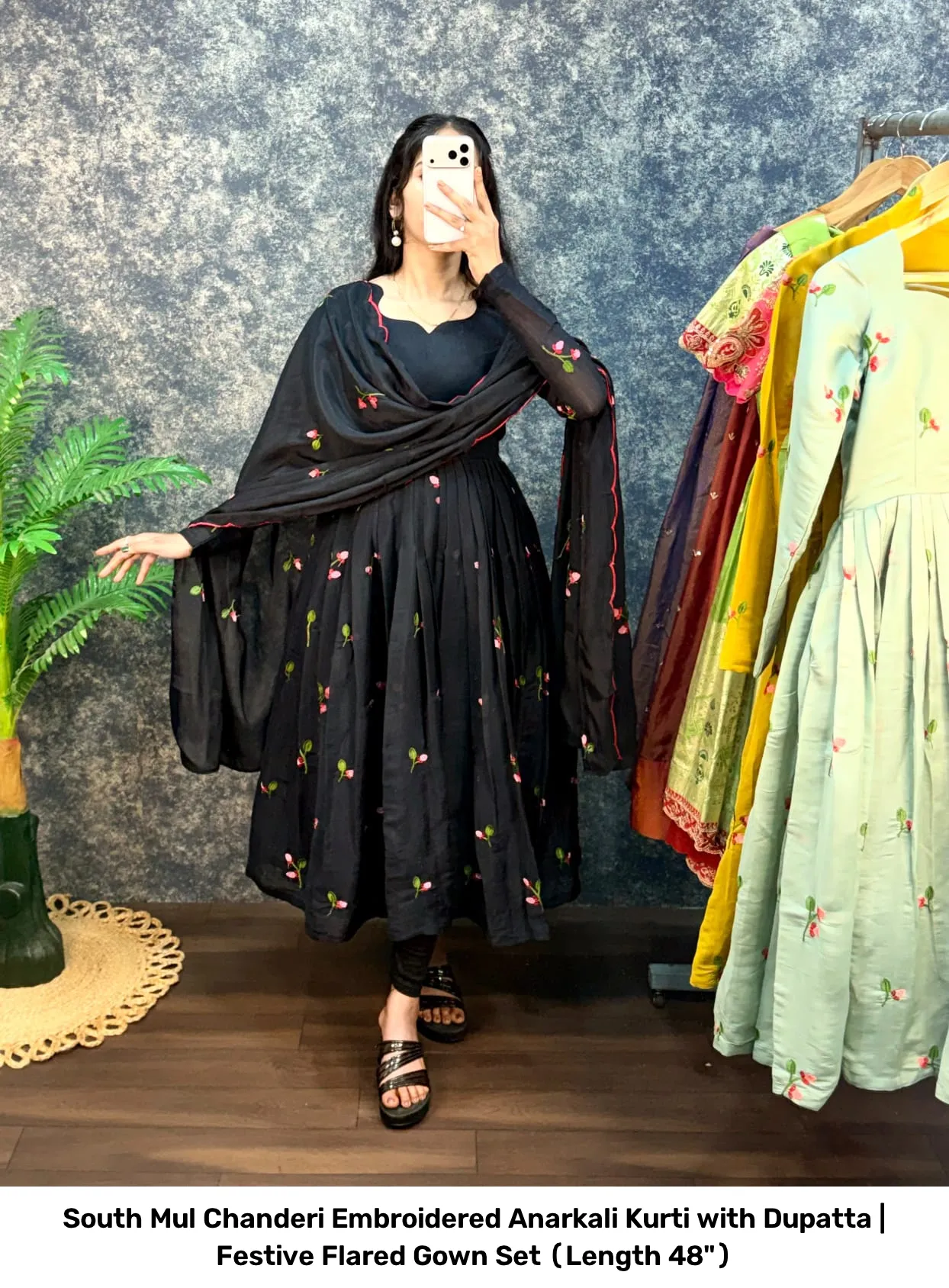 South Mul Chanderi Embroidered Anarkali Kurti with Dupatta | Festive Flared Gown Set (Length 48") 13