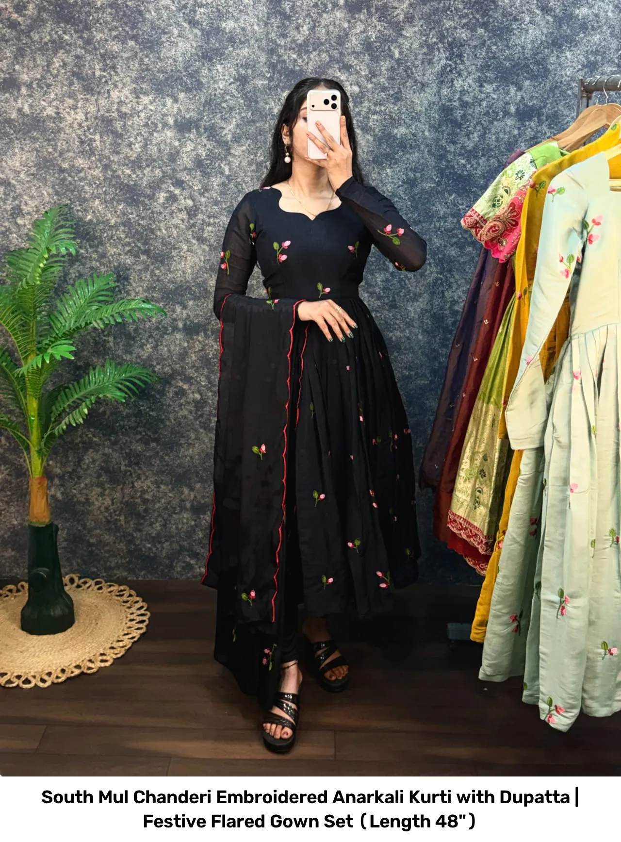 South Mul Chanderi Embroidered Anarkali Kurti with Dupatta | Festive Flared Gown Set (Length 48") 14