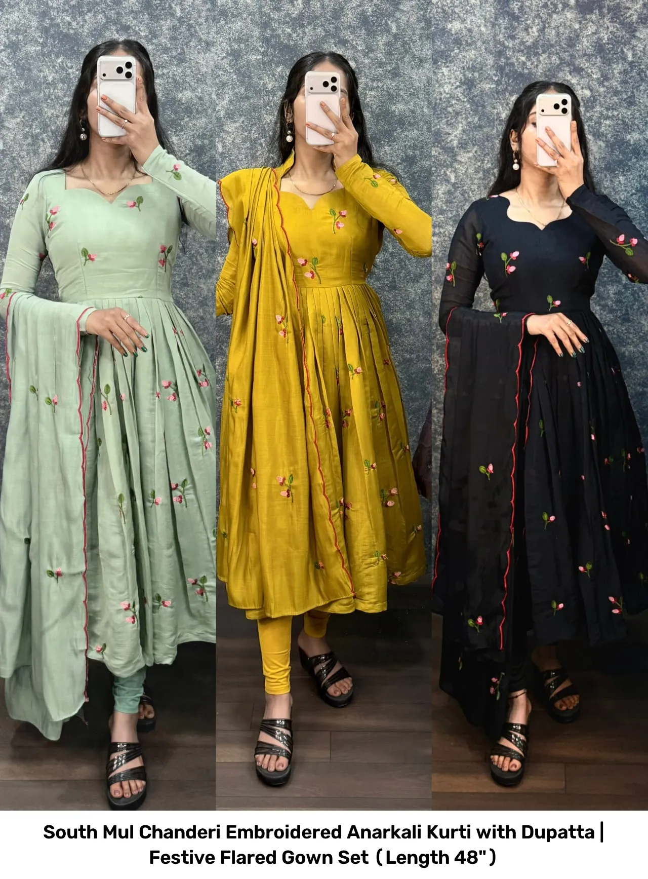 South Mul Chanderi Embroidered Anarkali Kurti with Dupatta | Festive Flared Gown Set (Length 48") 2