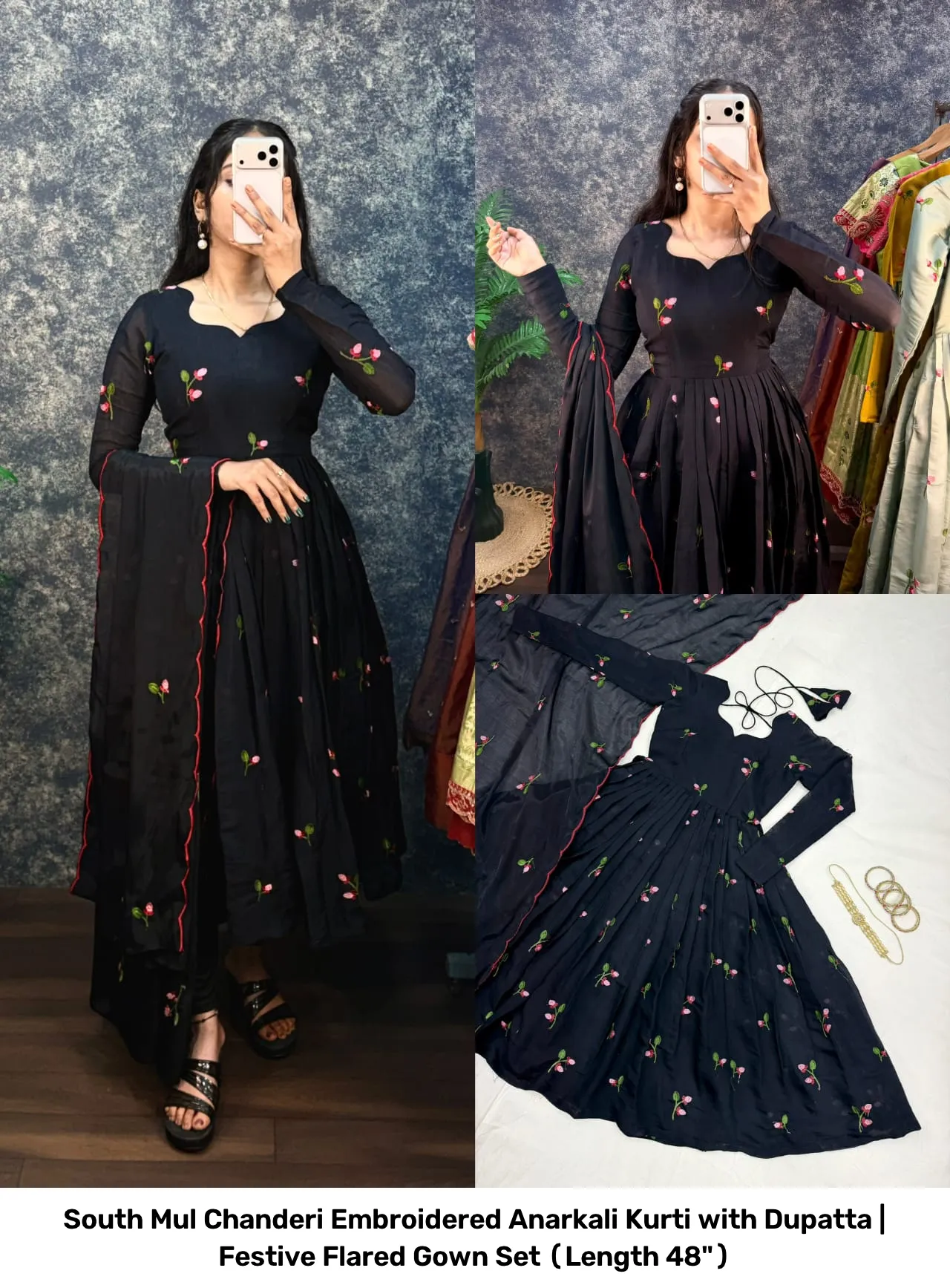 South Mul Chanderi Embroidered Anarkali Kurti with Dupatta | Festive Flared Gown Set (Length 48") 3