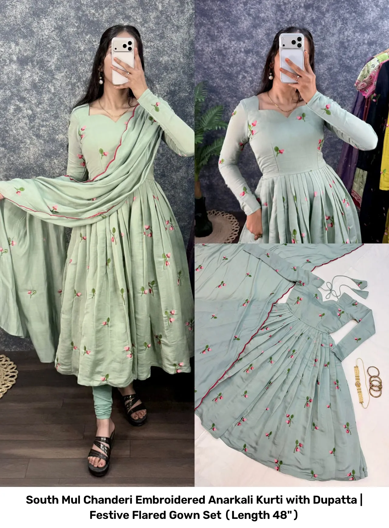 South Mul Chanderi Embroidered Anarkali Kurti with Dupatta | Festive Flared Gown Set (Length 48") 4