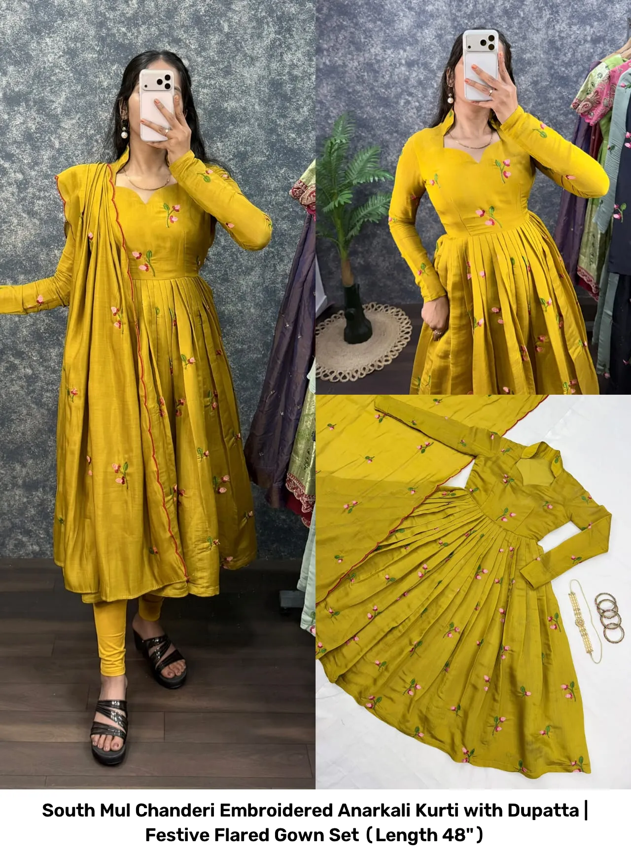 South Mul Chanderi Embroidered Anarkali Kurti with Dupatta | Festive Flared Gown Set (Length 48") 8