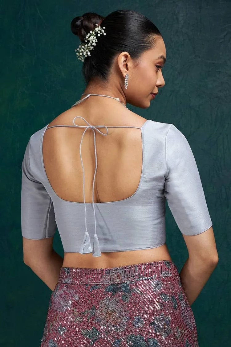 Square Neck Raw Silk Saree Blouse with Elbow Sleeves | Padded Backless Dori Readymade Choli