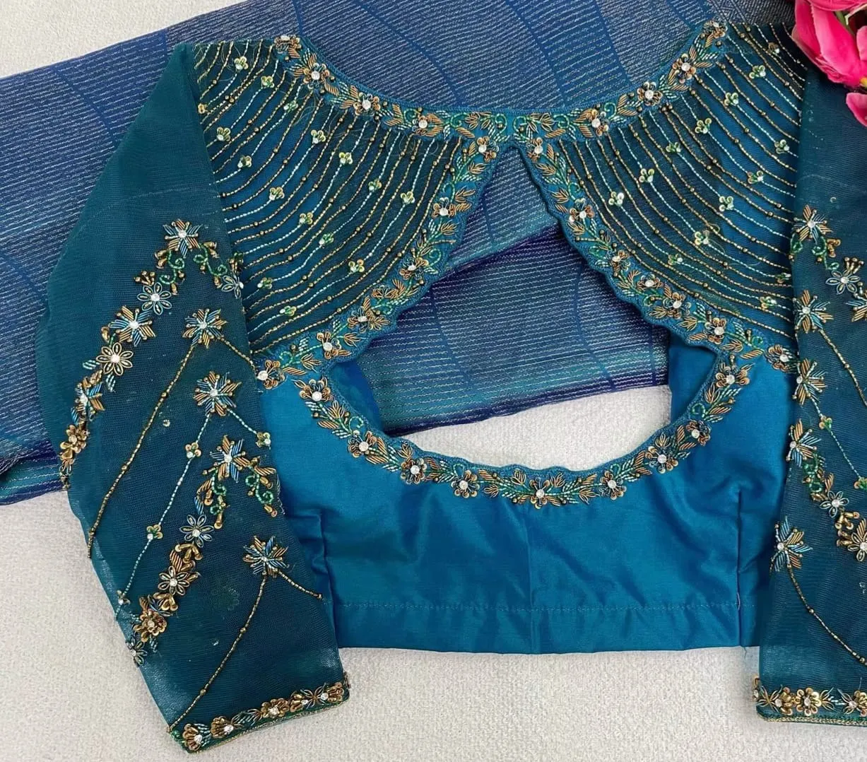 Teal Blue Designer Bridal Blouse | Handcrafted Zari & Bead Work Net Sleeves Blouse for Sarees & Lehengas