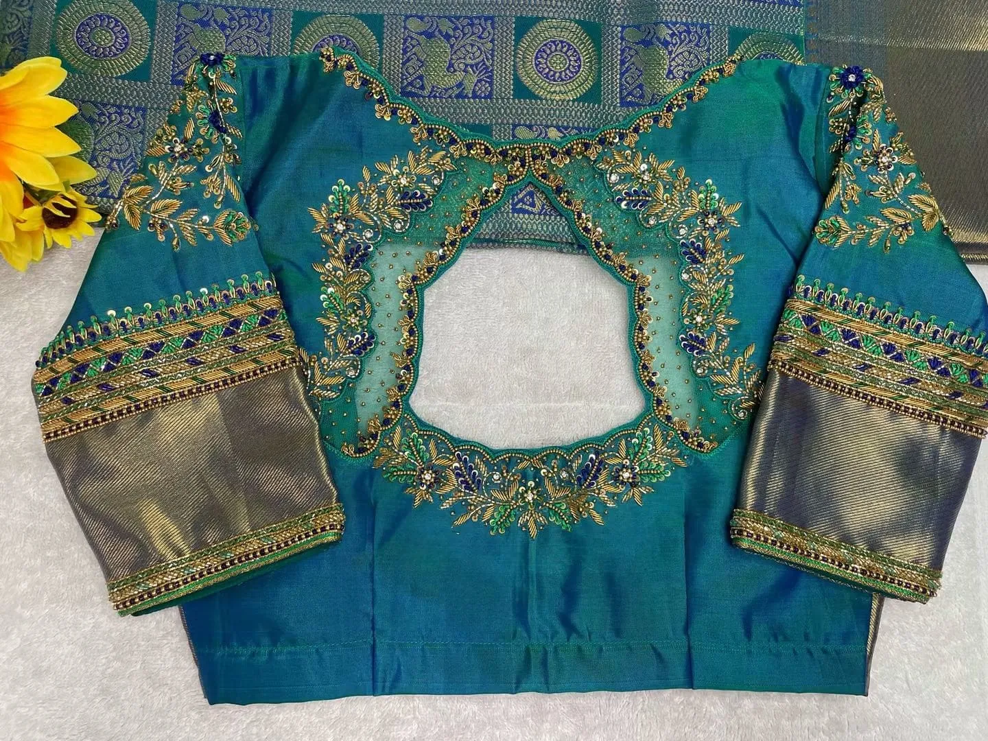 Teal Blue Maggam Work Blouse – Sheer Net Back Neck & Heavy Zardozi Border Elbow Sleeves